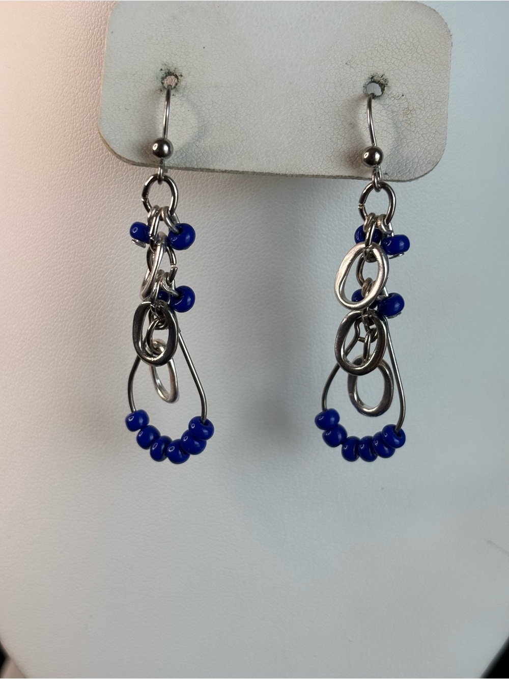 Chico's Royal Blue Beaded Silver Loop Dangle Earrings